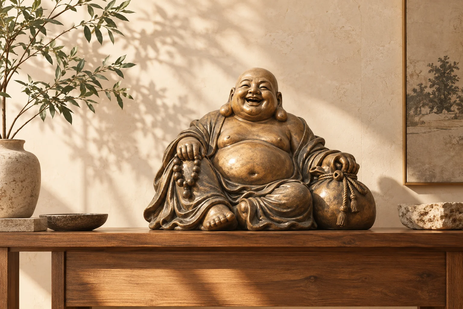 Illustration of seated Budai with a cloth sack in a quiet interior