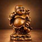 Copper Laughing Buddha Statue with Money Bag — Alternate studio view
