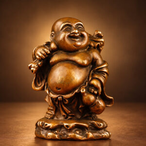 Copper Laughing Buddha Statue with Money Bag — Alternate studio view