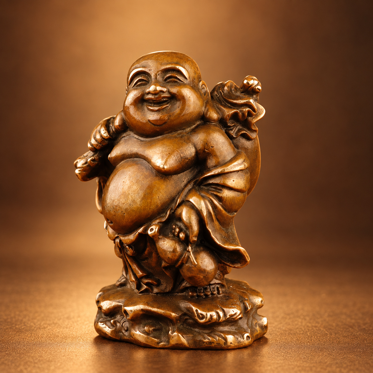 LBS-P005 — Front studio view Copper Laughing Buddha Statue with Money Bag — Front studio view