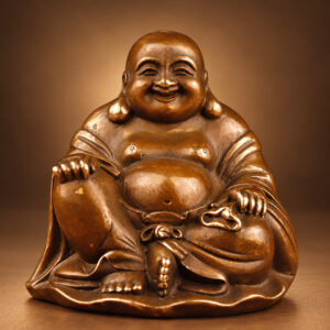 Seated Copper Laughing Buddha Statue — Front studio view