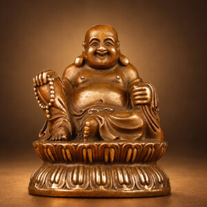 Copper Laughing Buddha on Lotus Base — Front studio view