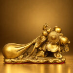 Rear studio view of the copper Laughing Buddha with money bag and carved hat