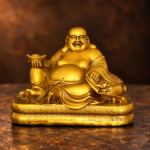 Front studio view of the 10 cm copper Laughing Buddha with ingot and patterned oval base