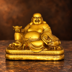 Front studio view of the 10 cm copper Laughing Buddha with ingot and patterned oval base