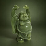 Front studio view of the green resin Laughing Buddha with raised ingots