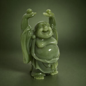 Front studio view of the green resin Laughing Buddha with raised ingots