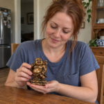 Woman holding the 10 cm copper Laughing Buddha statue in a home