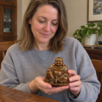 Woman holding the 9.5 cm copper Laughing Buddha statue in a home