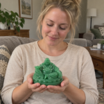 Woman holding the 9 cm resin Laughing Buddha statue in a home