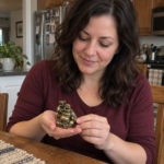 Woman holding the 6 cm resin Laughing Buddha statue in a home