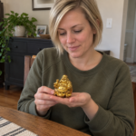Woman holding the 5.5 cm resin Laughing Buddha statue in a home