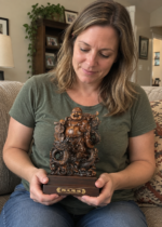 Woman holding the 23 cm resin Laughing Buddha statue in a home