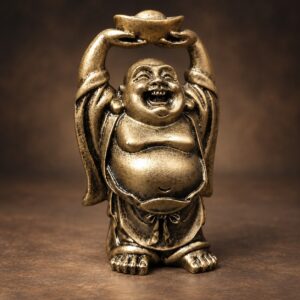 Standing Laughing Buddha Statue with Ingot — angled studio view