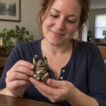 Seated Laughing Buddha Statue with Raised Ingots held by a woman at home