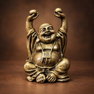 Seated Laughing Buddha Statue with Raised Ingots — front studio view