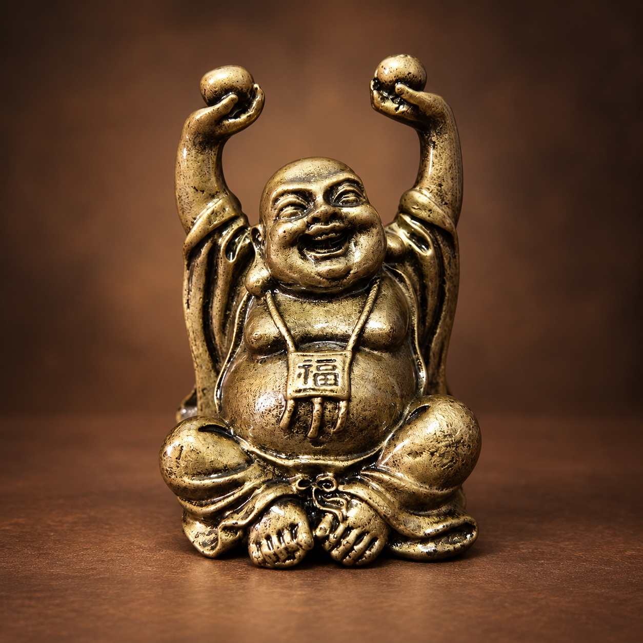Seated Laughing Buddha Statue with Raised Ingots — front studio view Seated Laughing Buddha Statue with Raised Ingots — front studio view