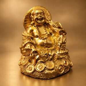 Gold Laughing Buddha Statue with Money Bag and Coins — angled studio view
