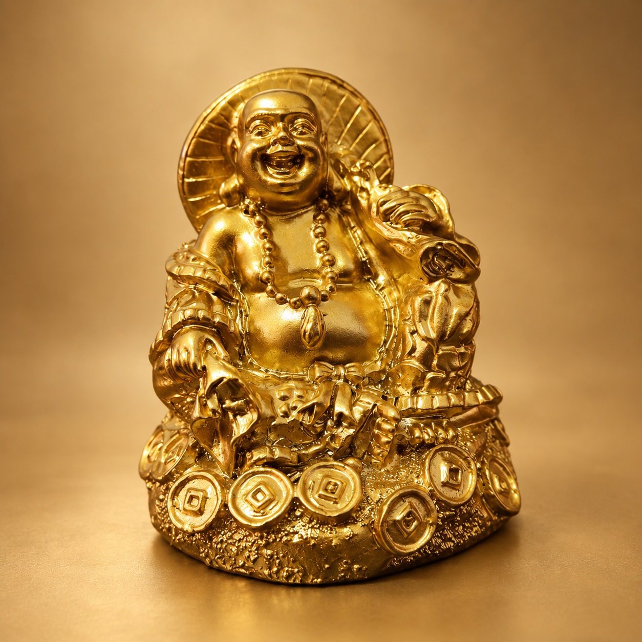 Gold Laughing Buddha Statue with Money Bag and Coins — front studio view Gold Laughing Buddha Statue with Money Bag and Coins — front studio view