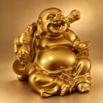 Gold Laughing Buddha Statue with Ingot and Money Bag — angled studio view