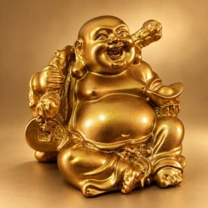 Gold Laughing Buddha Statue with Ingot and Money Bag — angled studio view