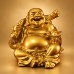Gold Laughing Buddha Statue with Ingot and Money Bag — front studio view