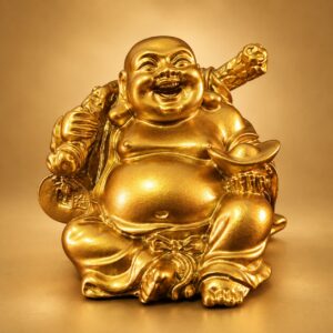 Gold Laughing Buddha Statue with Ingot and Money Bag — front studio view