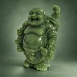 Green Laughing Buddha Statue with Fan — angled studio view