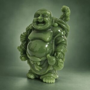 Green Laughing Buddha Statue with Fan — angled studio view