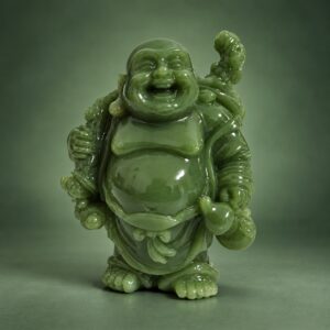 Green Laughing Buddha Statue with Fan — front studio view