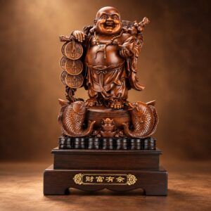 Laughing Buddha Statue with Fish Pair — angled studio view