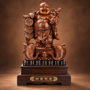 Laughing Buddha Statue with Fish Pair — front studio view