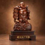 Laughing Buddha Statue on Money Bag — angled studio view