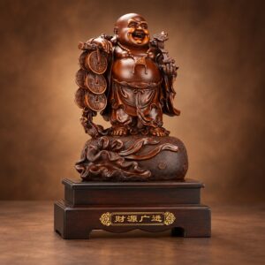 Laughing Buddha Statue on Money Bag — angled studio view