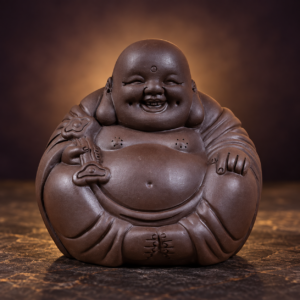 Front studio view of the dark brown ceramic Laughing Buddha holding a ruyi scepter