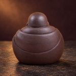 Rear studio view of the ceramic Laughing Buddha showing the curved robe folds