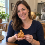 Woman holding the small cypress wood Laughing Buddha naturally at home