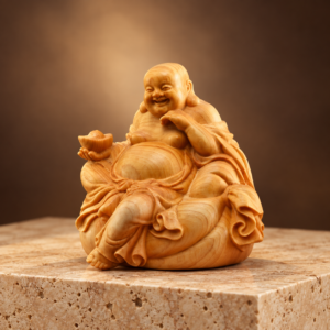 Cypress wood Laughing Buddha with ingot and money bag, angled studio view
