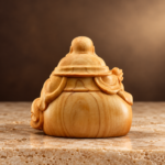 Rear studio view of cypress wood Laughing Buddha showing carved hat and robes