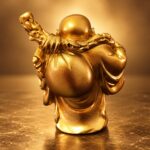 Rear view of gold resin Laughing Buddha showing its tied shoulder bag and robe folds