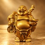 Front view of small gold resin Laughing Buddha holding a staff, coin and ingot