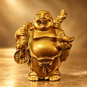 Front view of small gold resin Laughing Buddha holding a staff, coin and ingot