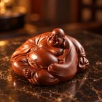 Reddish-brown ceramic Laughing Buddha statue showing folded legs and robe details, angled studio view