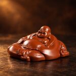 Small reddish-brown ceramic Laughing Buddha statue in a low seated pose, front studio view