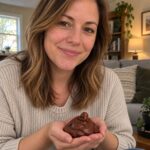 A woman holding the small reddish-brown ceramic Laughing Buddha naturally in cupped hands