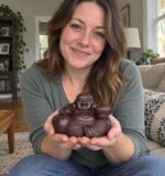Woman naturally holding the small purple clay Laughing Buddha with ingot and money bag in both hands at home