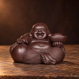 Dark brown purple clay Laughing Buddha holding an ingot beside a tied money bag, front studio view