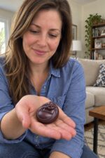 A woman holding the miniature purple clay Laughing Buddha on her palm at home
