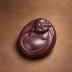 Elevated view of the small purple clay Laughing Buddha statue