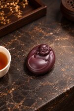 Mini purple clay Laughing Buddha resting flat, with a smiling face and rounded robe